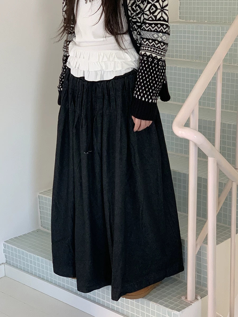 ang project Fleece Lined Cotton Vintage A Line Pleated Loose Women Casual Maxi Skirt