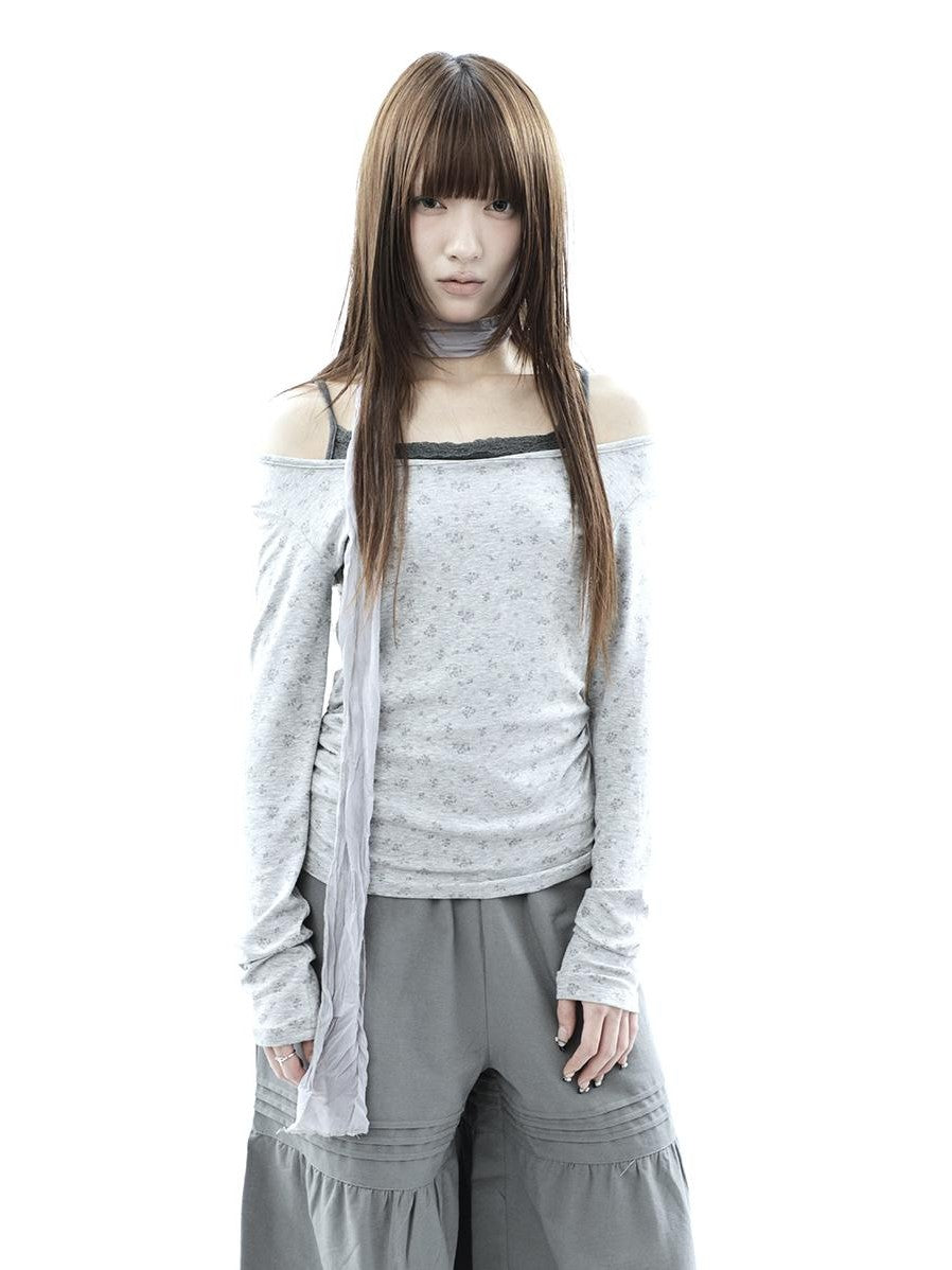 ang project Floral Colorblock Spliced Faux Layered Boat Neck Women&