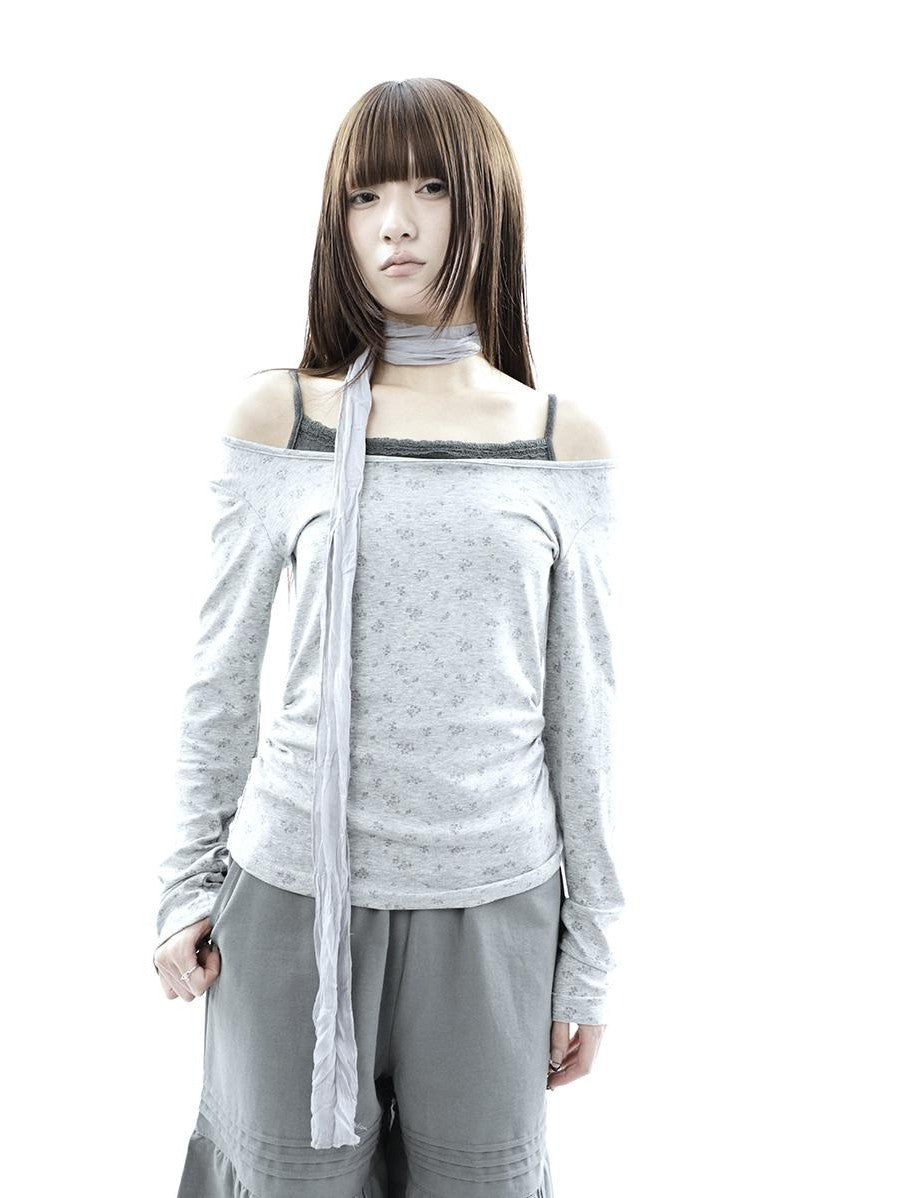 ang project Floral Colorblock Spliced Faux Layered Boat Neck Women&