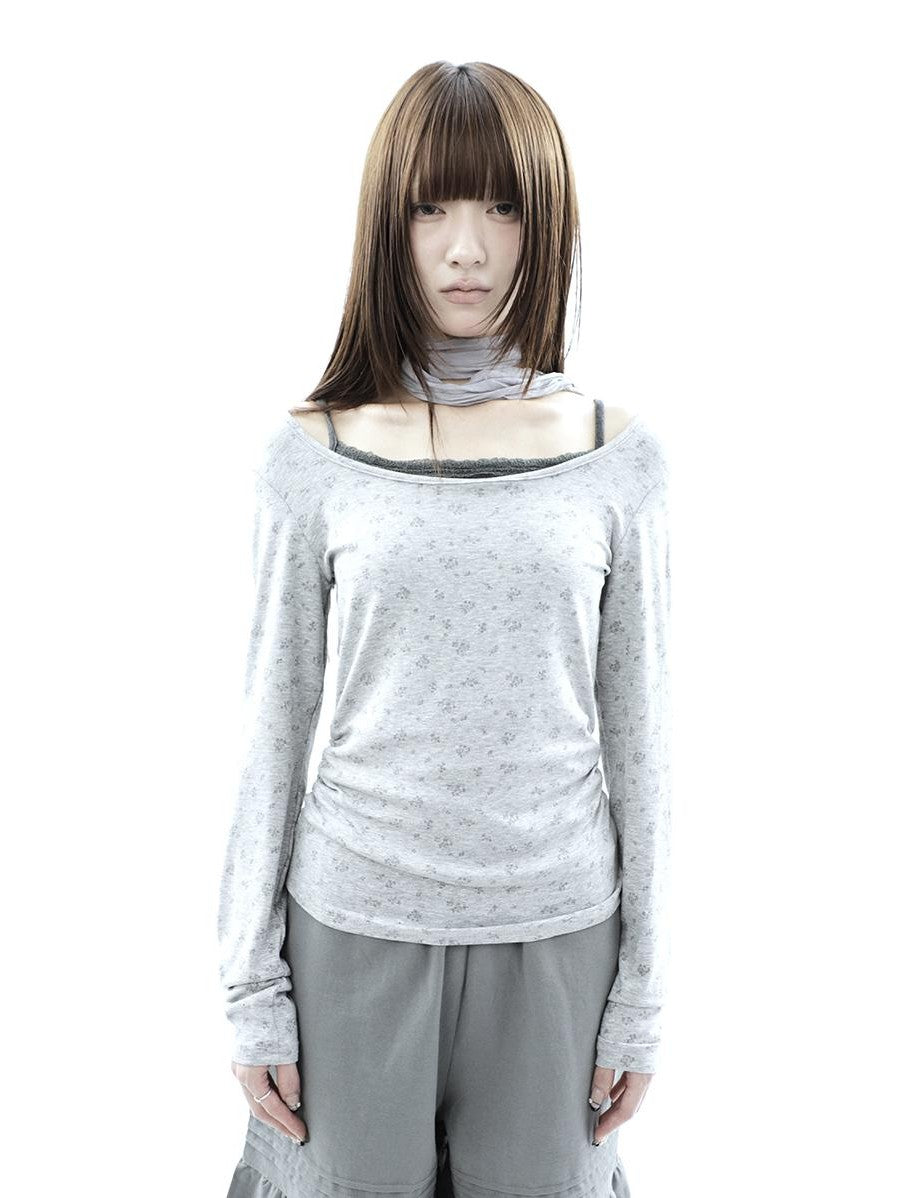 ang project Floral Colorblock Spliced Faux Layered Boat Neck Women&