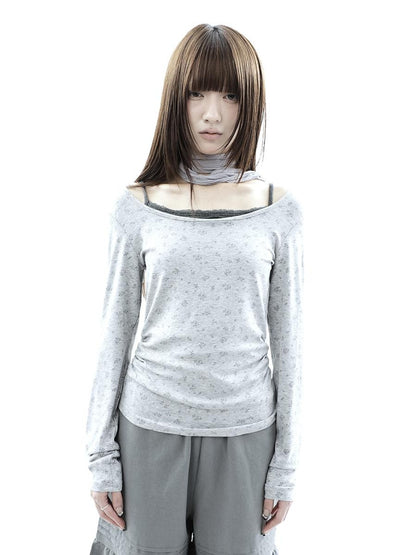 ang project Floral Colorblock Spliced Faux Layered Boat Neck Women&
