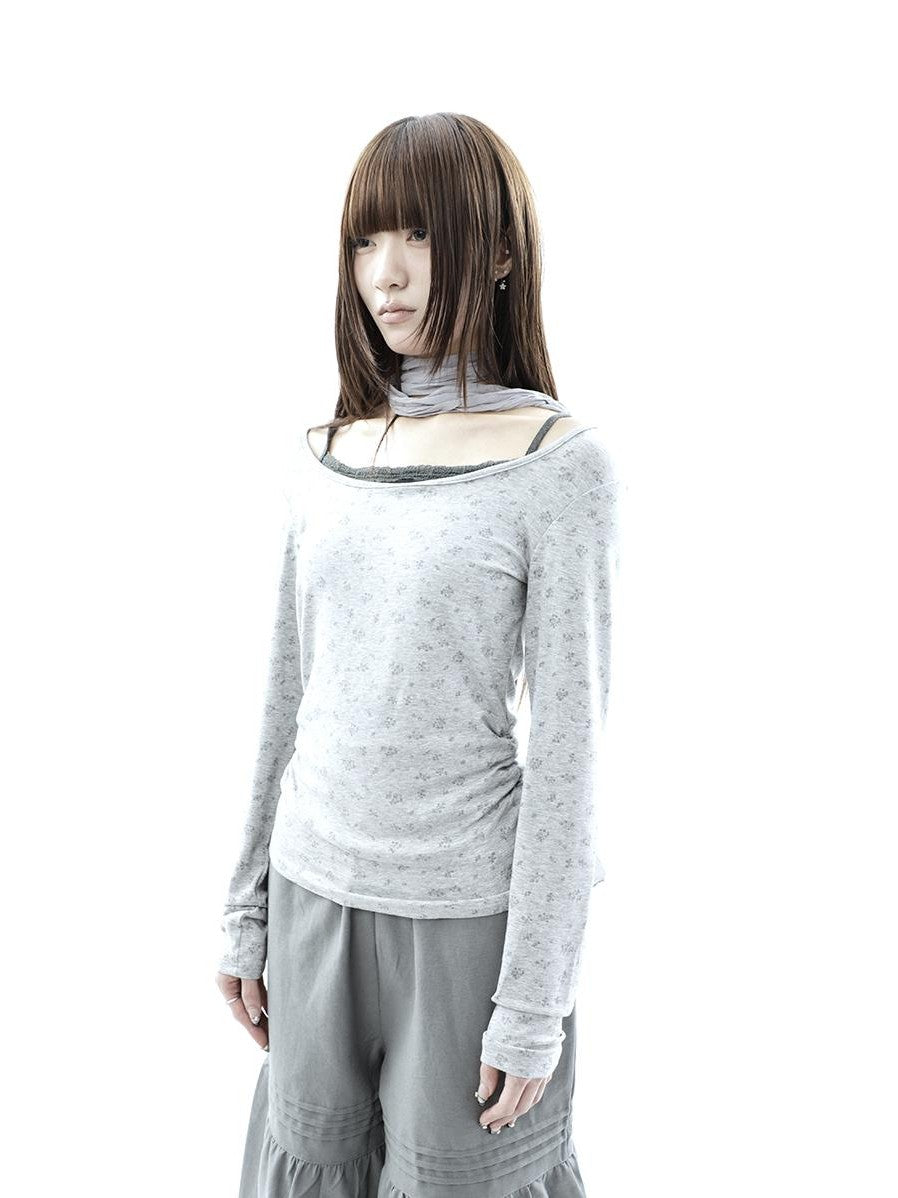 ang project Floral Colorblock Spliced Faux Layered Boat Neck Women&