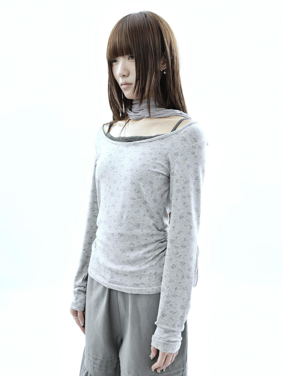 ang project Floral Colorblock Spliced Faux Layered Boat Neck Women&