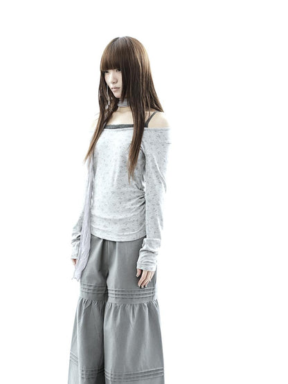 ang project Floral Colorblock Spliced Faux Layered Boat Neck Women&