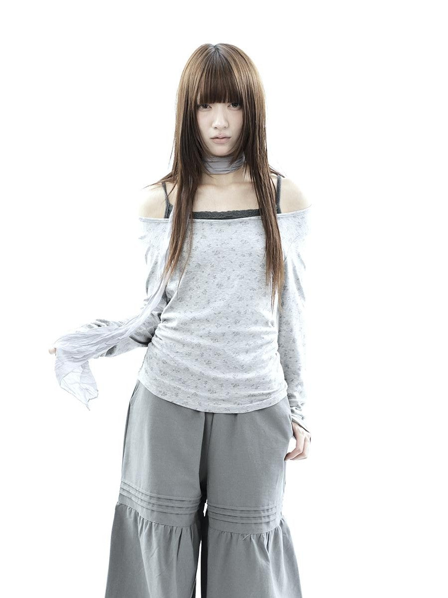 ang project Floral Colorblock Spliced Faux Layered Boat Neck Women&