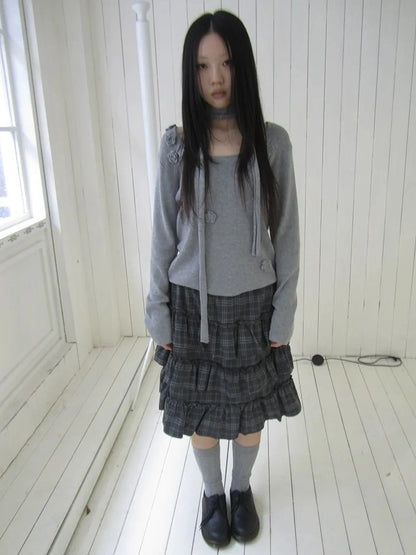 ang project Floral Embellished Round Neck Long Sleeve Knit Top With Detachable Scarf Sweater