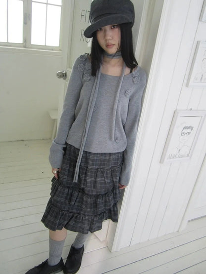 ang project Floral Embellished Round Neck Long Sleeve Knit Top With Detachable Scarf Sweater