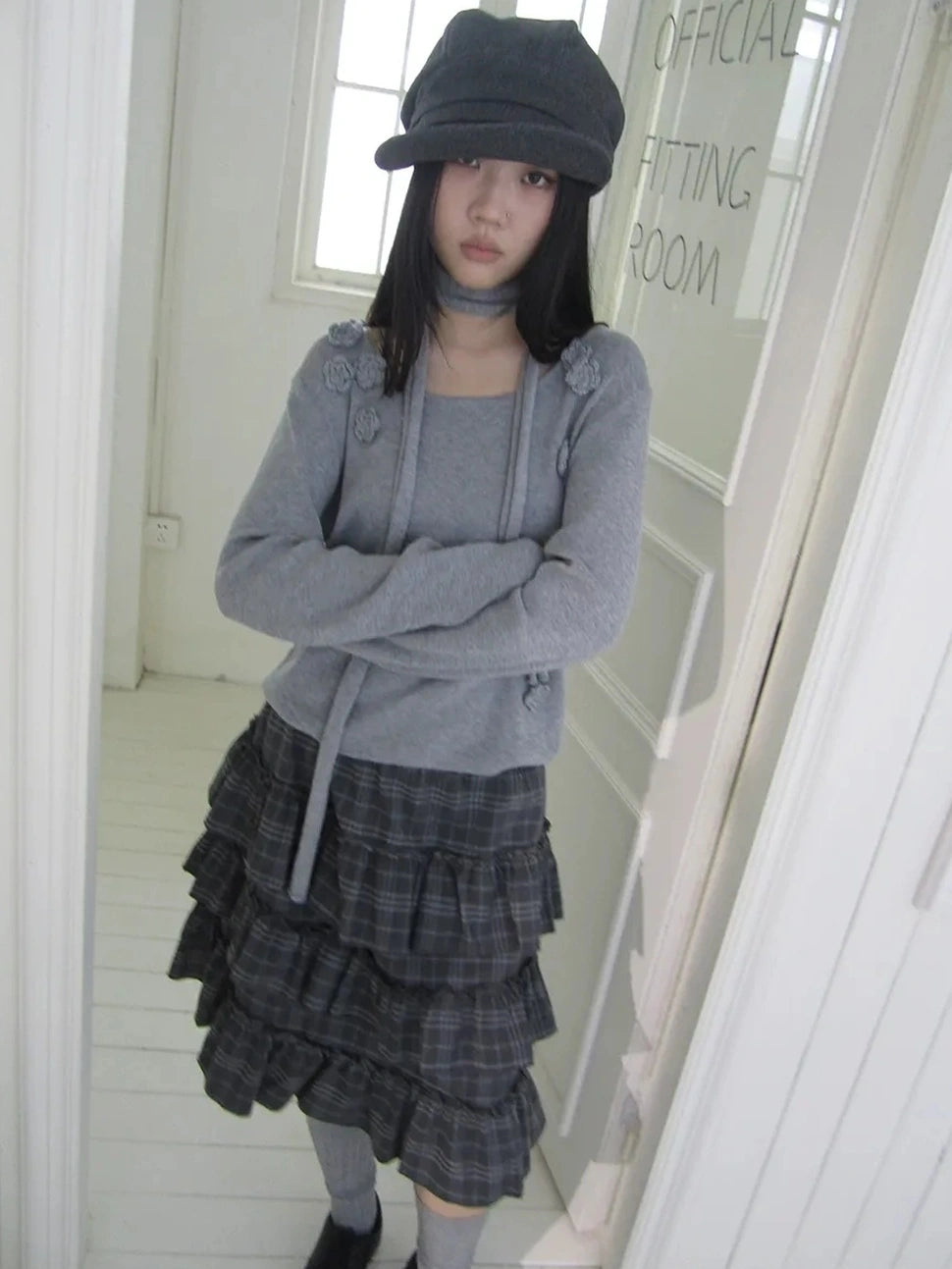 ang project Floral Embellished Round Neck Long Sleeve Knit Top With Detachable Scarf Sweater