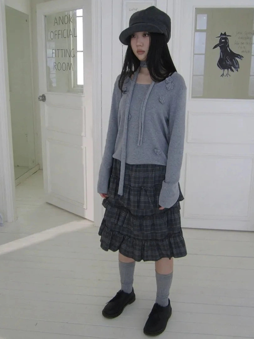 ang project Floral Embellished Round Neck Long Sleeve Knit Top With Detachable Scarf Sweater