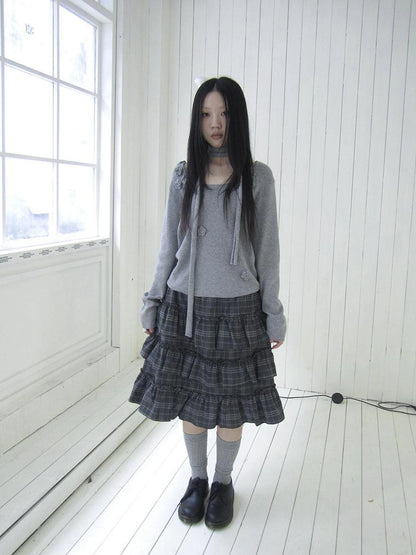 ang project Floral Embellished Round Neck Long Sleeve Knit Top With Detachable Scarf Sweater