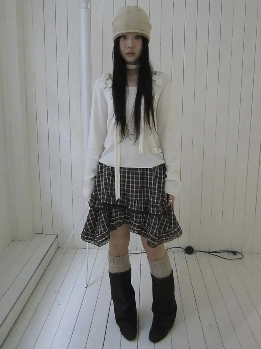 ang project Floral Embellished Round Neck Long Sleeve Knit Top With Detachable Scarf Sweater