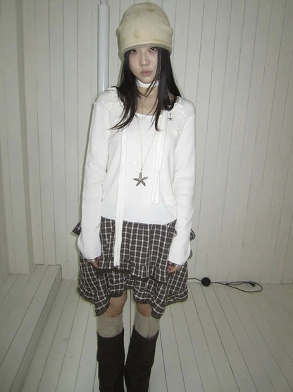 ang project Floral Embellished Round Neck Long Sleeve Knit Top With Detachable Scarf Sweater