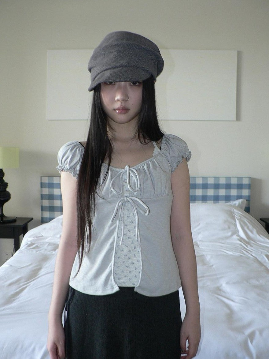 ang project Floral Halter Tie Puff Sleeve Faux Layered Women&