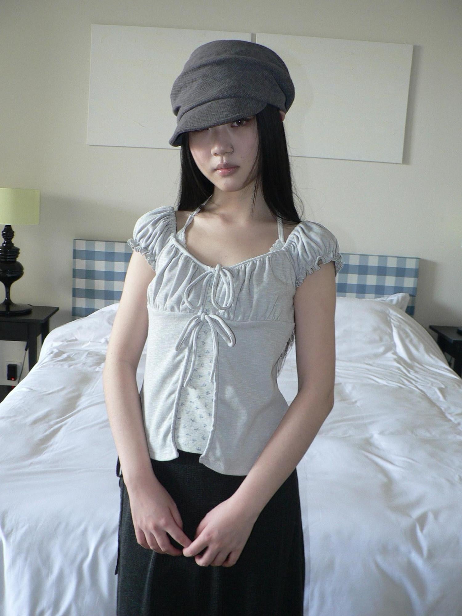 ang project Floral Halter Tie Puff Sleeve Faux Layered Women&
