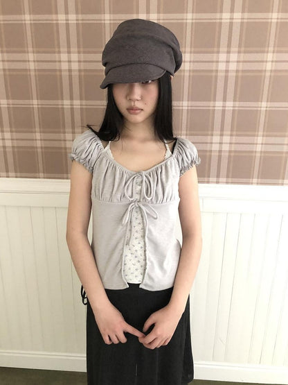 ang project Floral Halter Tie Puff Sleeve Faux Layered Women&