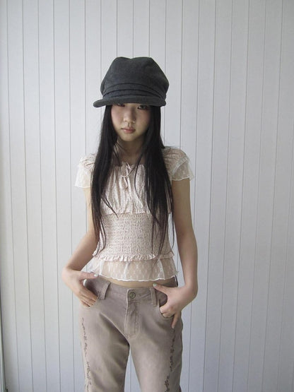 ang project Floral Lace Mesh Splice Lettuce Trim Square Neck Women&