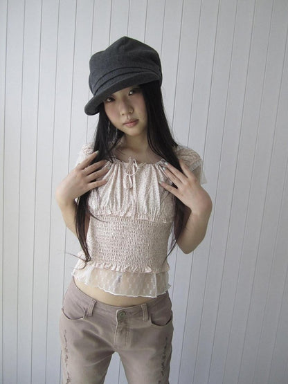 ang project Floral Lace Mesh Splice Lettuce Trim Square Neck Women&
