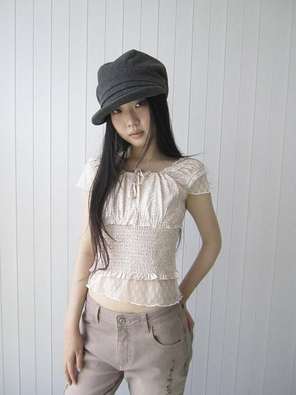 ang project Floral Lace Mesh Splice Lettuce Trim Square Neck Women&