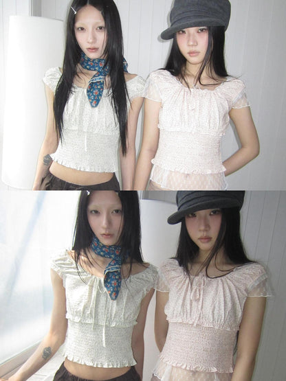 ang project Floral Lace Mesh Splice Lettuce Trim Square Neck Women&