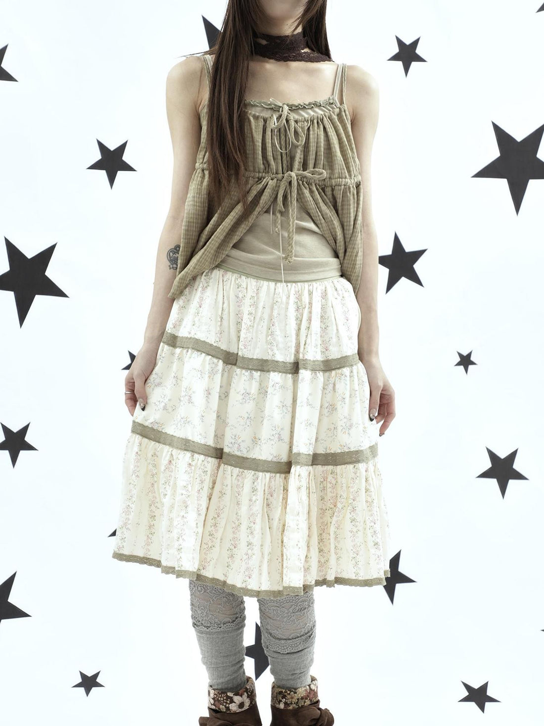 ang project Floral Lace Patchwork Elastic Waist A Line Women&