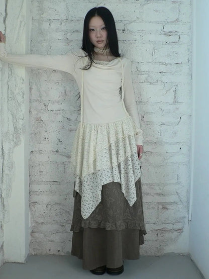 ang project Floral Lace Spliced Asymmetrical Hem Blouse T-shirt