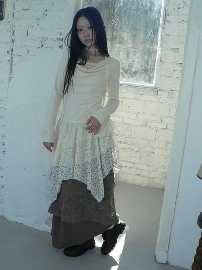 ang project Floral Lace Spliced Asymmetrical Hem Blouse T-shirt