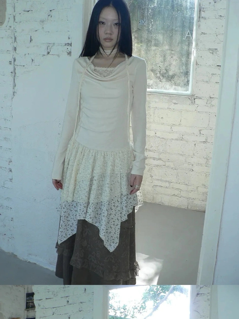 ang project Floral Lace Spliced Asymmetrical Hem Blouse T-shirt