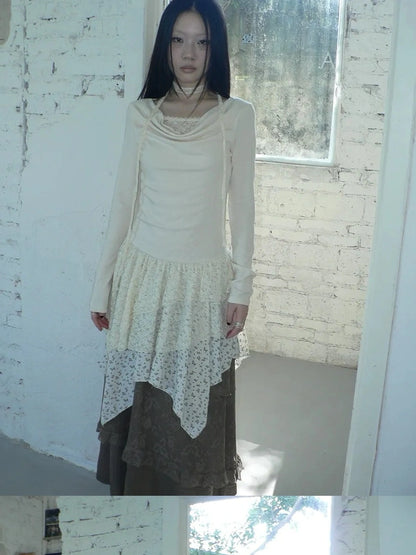 ang project Floral Lace Spliced Asymmetrical Hem Blouse T-shirt