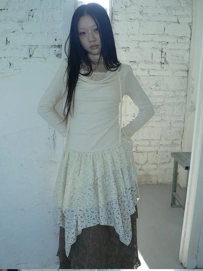 ang project Floral Lace Spliced Asymmetrical Hem Blouse T-shirt