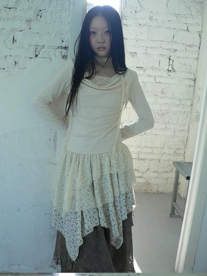 ang project Floral Lace Spliced Asymmetrical Hem Blouse T-shirt