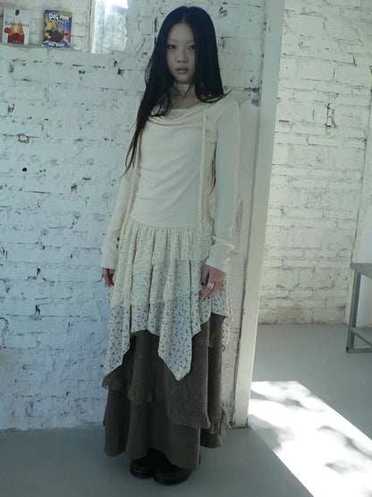 ang project Floral Lace Spliced Asymmetrical Hem Blouse T-shirt