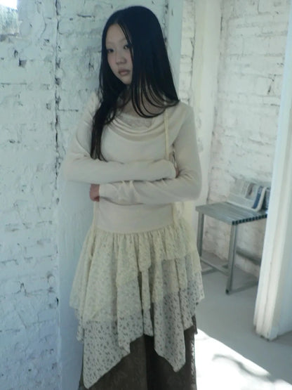 ang project Floral Lace Spliced Asymmetrical Hem Blouse T-shirt