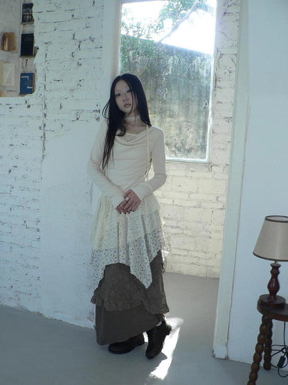 ang project Floral Lace Spliced Asymmetrical Hem Blouse T-shirt