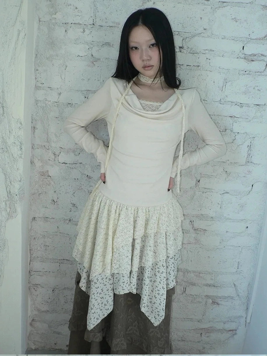 ang project Floral Lace Spliced Asymmetrical Hem Blouse T-shirt