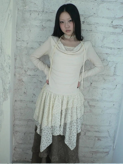 ang project Floral Lace Spliced Asymmetrical Hem Blouse T-shirt