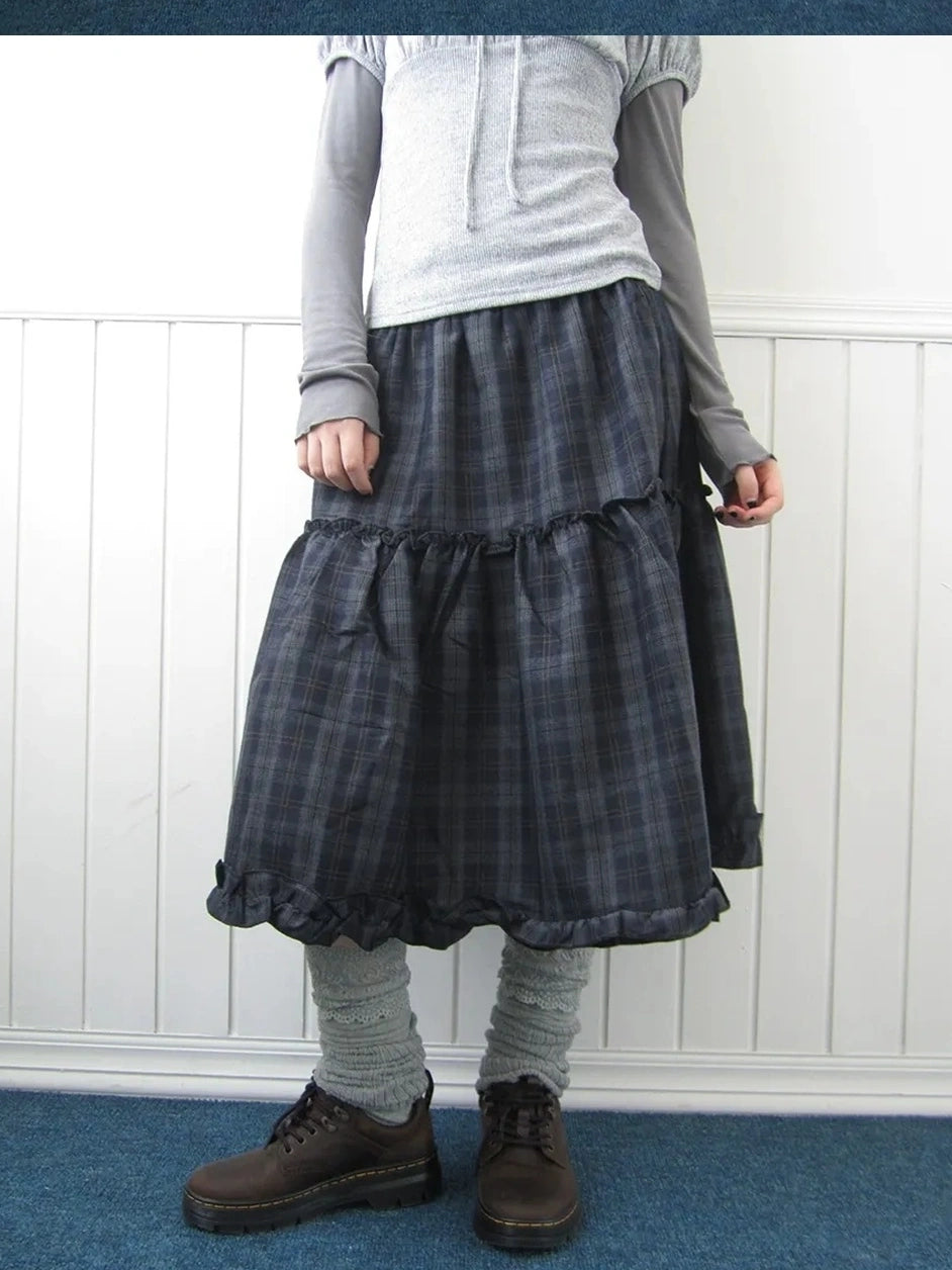 ang project Floral Lace Trim Plaid Skirt With Elastic Waist Skirt