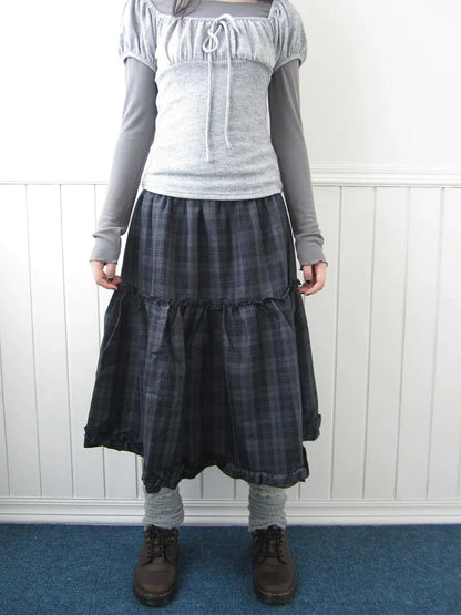 ang project Floral Lace Trim Plaid Skirt With Elastic Waist Skirt