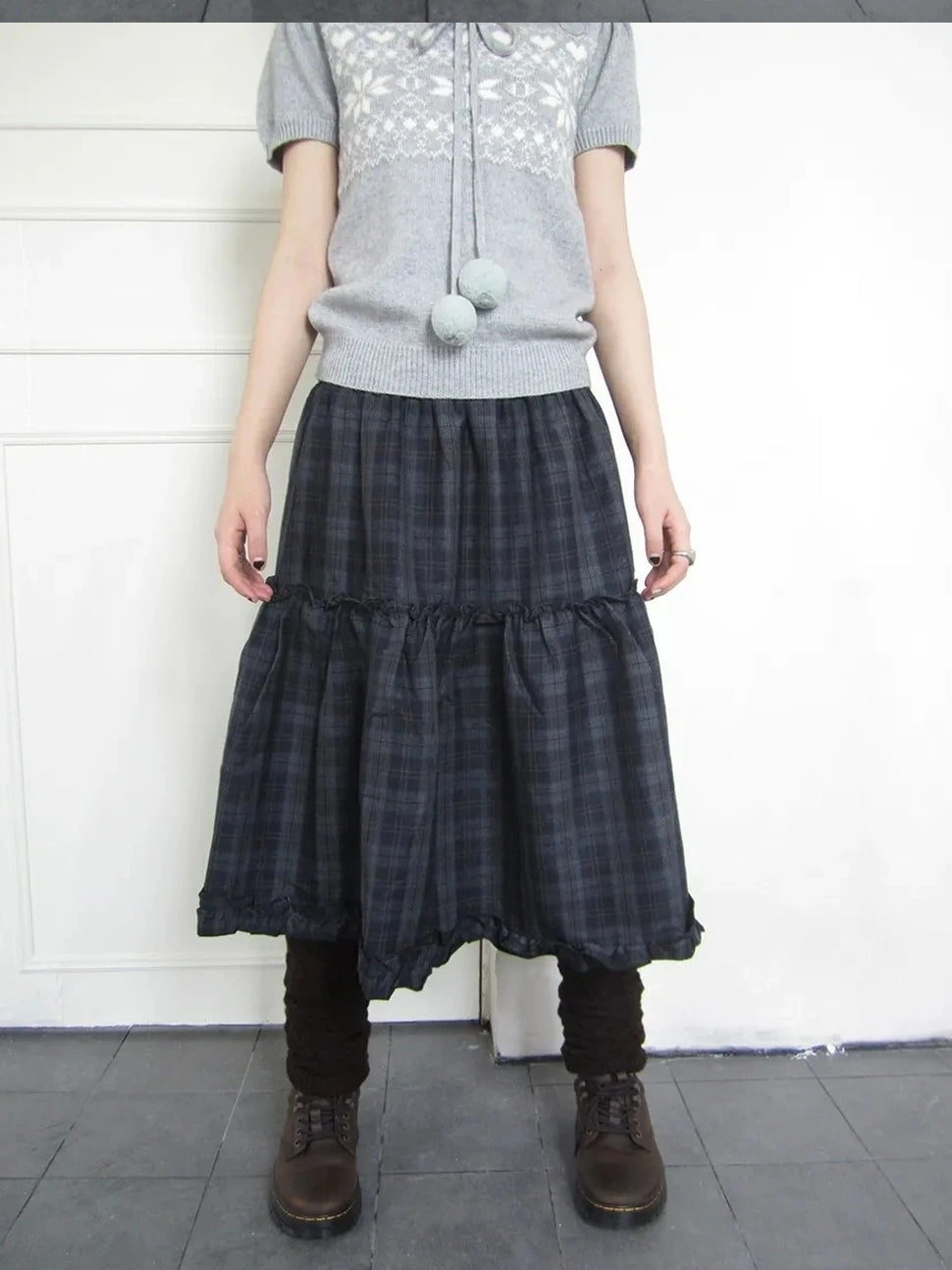 ang project Floral Lace Trim Plaid Skirt With Elastic Waist Skirt