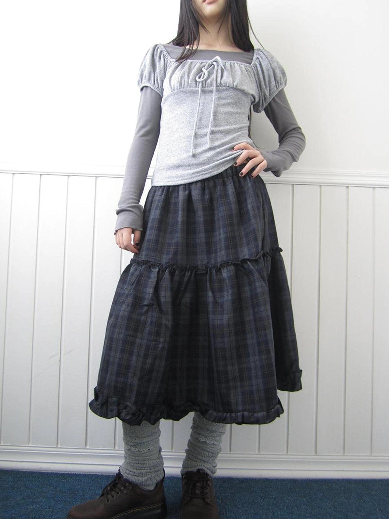 ang project Floral Lace Trim Plaid Skirt With Elastic Waist Skirt