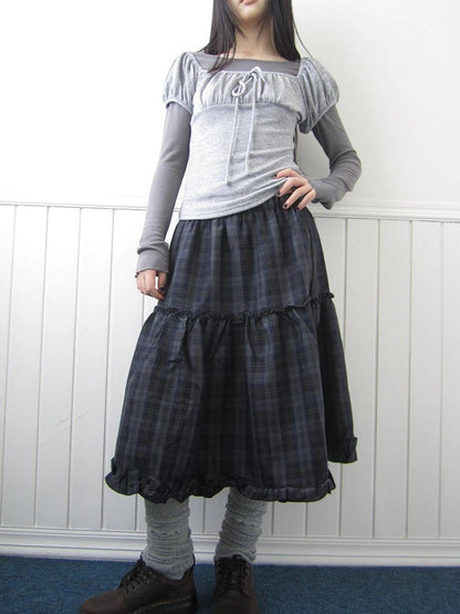 ang project Floral Lace Trim Plaid Skirt With Elastic Waist Skirt