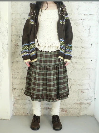 ang project Floral Lace Trim Plaid Skirt With Elastic Waist Skirt