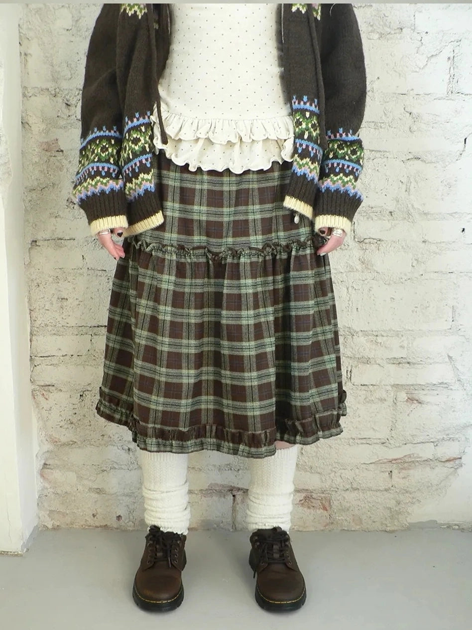 ang project Floral Lace Trim Plaid Skirt With Elastic Waist Skirt