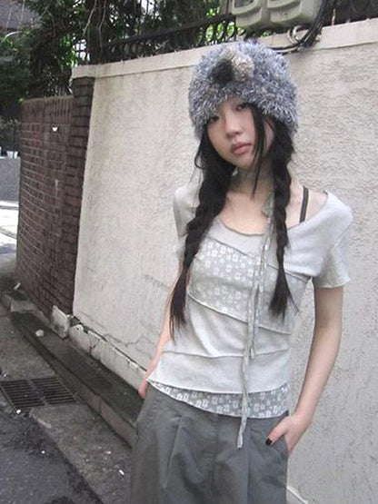 Updateang project Floral Lace Trim Tee Lightweight Summer Top
