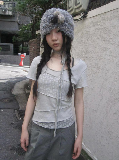 Updateang project Floral Lace Trim Tee Lightweight Summer Top