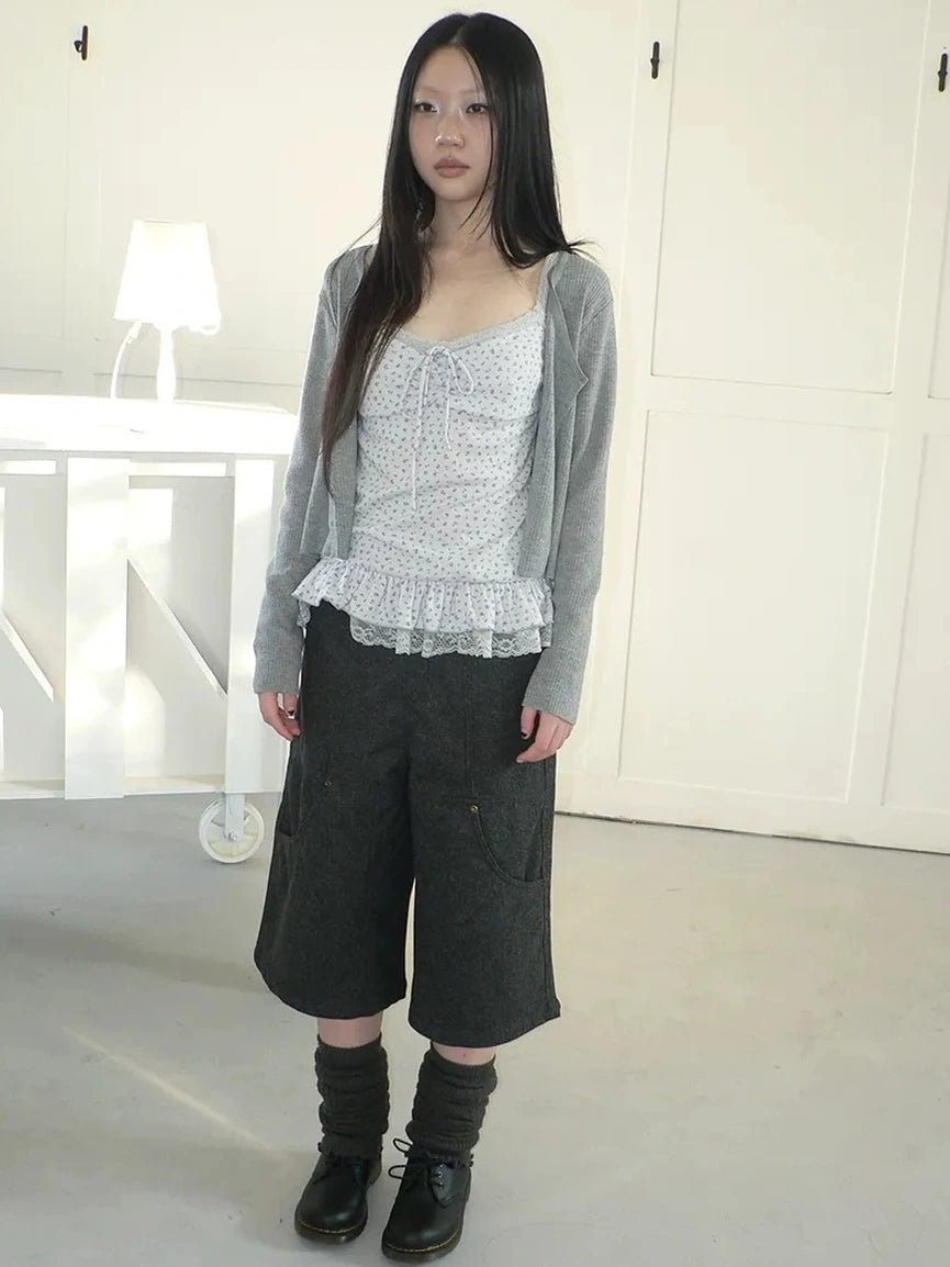 ang project Floral Lace Up Knit Cardigan Two Piece Set Set