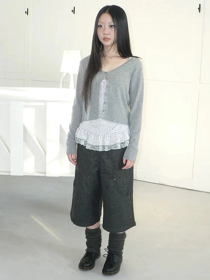 ang project Floral Lace Up Knit Cardigan Two Piece Set Set