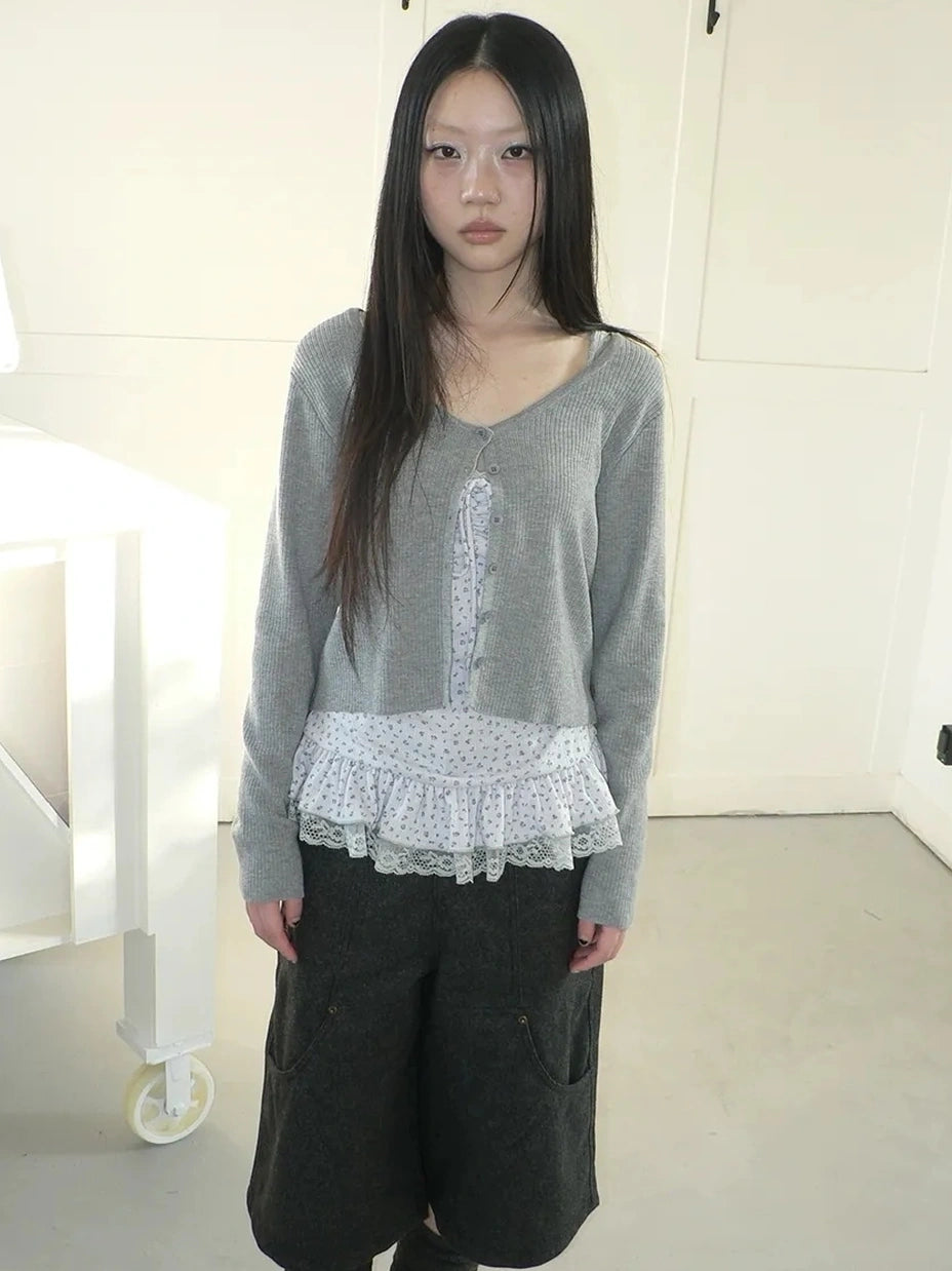 ang project Floral Lace Up Knit Cardigan Two Piece Set Set