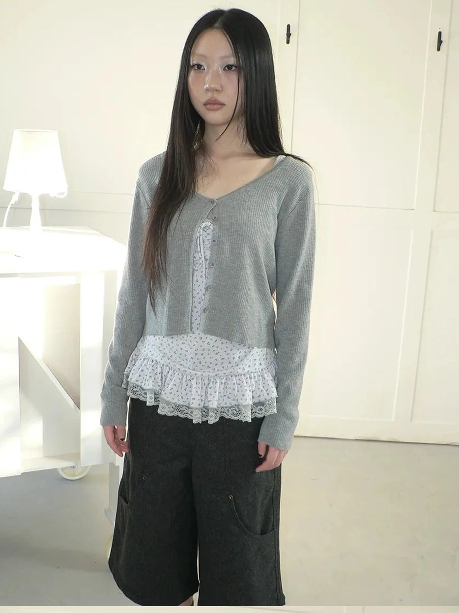 ang project Floral Lace Up Knit Cardigan Two Piece Set Set