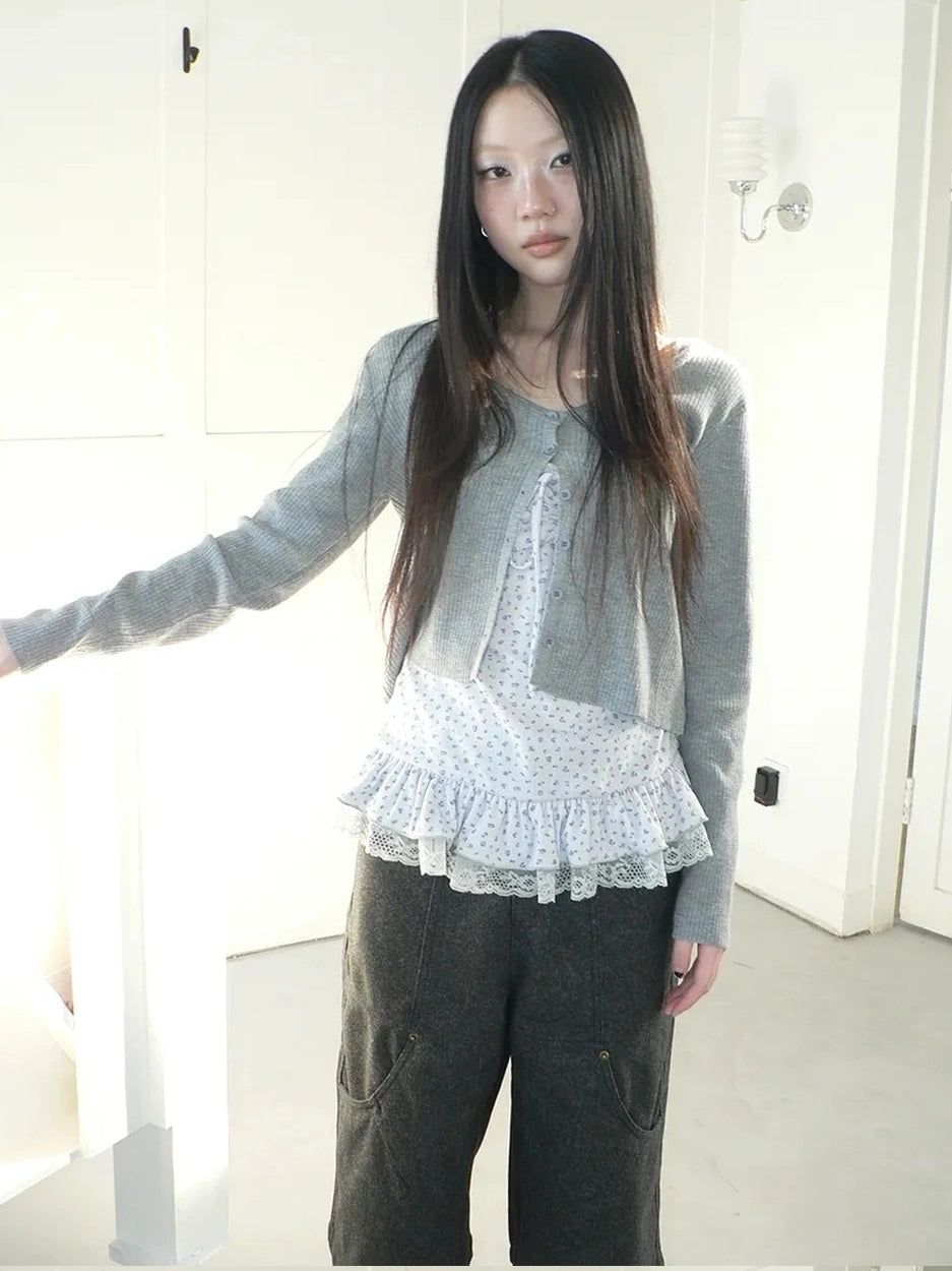 ang project Floral Lace Up Knit Cardigan Two Piece Set Set