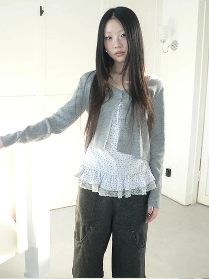 ang project Floral Lace Up Knit Cardigan Two Piece Set Set